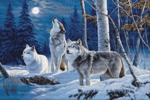 Kryželiu siuvinėjimo rinkinys „Vilkų staugimas prie žiemos mėnulio“ 52x35
