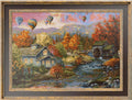 Paveikslas rėmuotas rudeniškas kaimo peizažas su vandens malūnu, karšto oro balionais ir sraunia upe, 80×60 cm