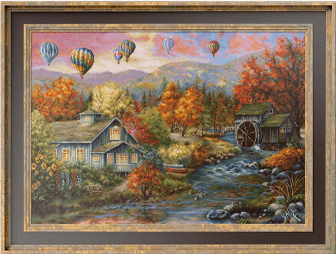 Paveikslas rėmuotas rudeniškas kaimo peizažas su vandens malūnu, karšto oro balionais ir sraunia upe, 80×60 cm