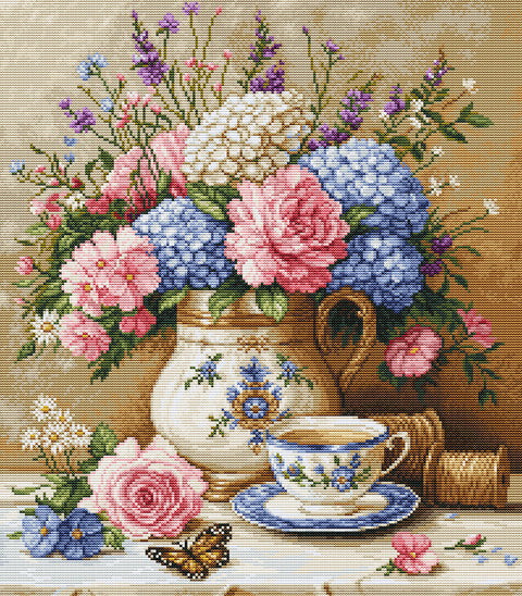 Gėlių nostalgija – kryželiu siuvinėjimo rinkinys, 20 x 23 cm