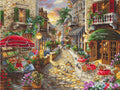 Mozaikinis paveikslas Italų kavinės gatvė, pločio kampo kompozicija su raudonomis skėčiais, gausiomis gėlėmis ir akmenine trinkelėmis, 40×60 cm