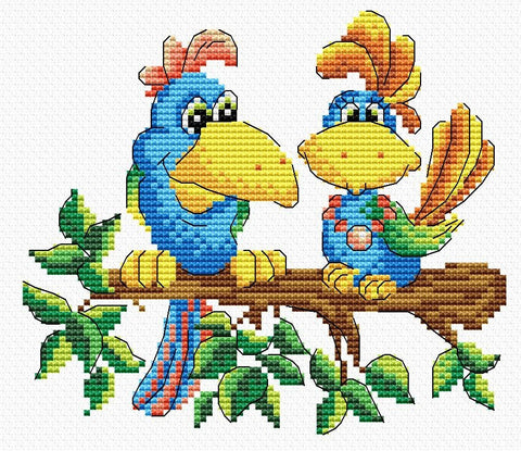 Kryželių rinkinys su dviem mėlynais paukščiais ant šakos, geltonu snapu ir ryškiomis žaliomis lapų detalėmis