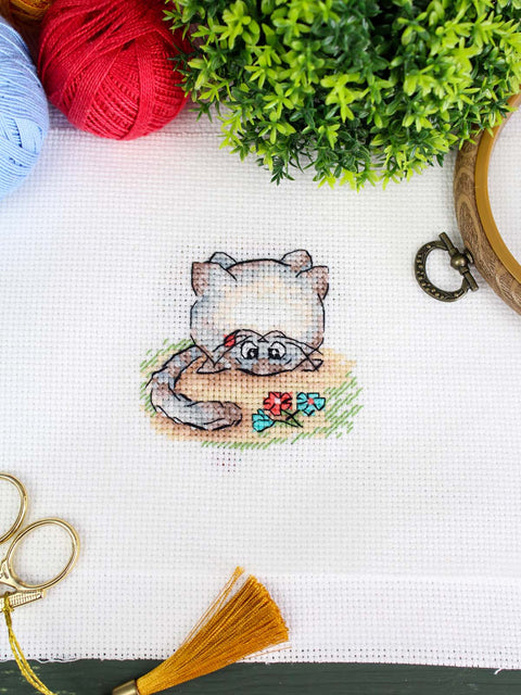 Siuvinėjimo kryželiu rinkinys „Katė“ miniatiūra 7x7 cm