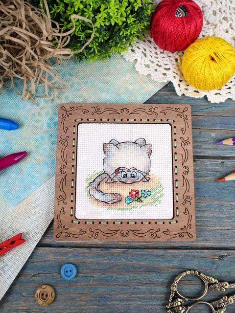 Siuvinėjimo kryželiu rinkinys „Katė“ miniatiūra 7x7 cm