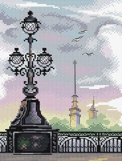 Kryželių rinkinys – juodo tilto žibinto ir pastelinio miesto silueto motyvas, 30×40 cm formatas, detalus ir romantiškas