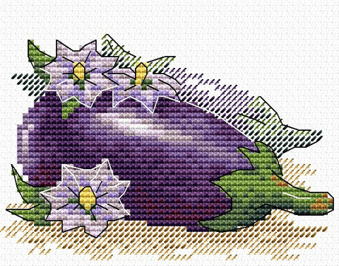 Siuvinėjimo raštas baklažanas tamsiai violetinis su žaliu koteliu ir šviesiai violetinėmis gėlėmis, baigtas kryželiu