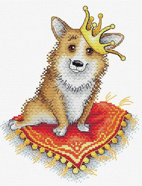 Kryželių siuvinėjimo rinkinys – karališkas corgi su geltona karūna sėdi ant raudono dekoratyvinio kilimėlio, detali spalvų schema