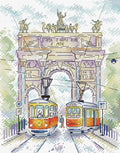 Plakatas: akvarelinis arkos ir dviejų geltonų oranžinių tramvajų motyvas, vertikalus, 30×40 cm