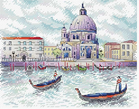 drobė "Venecija" su gondolomis, pasteliniai mėlyni–violetiniai tonai, horizontali kompozicija, 60×40 cm variantas