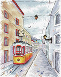 Drobė su geltonai-raudonu tramvajumi stačiakampė 40x60 cm, linijinė miesto iliustracija su matine tekstūra
