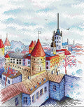 Drobė 50×70 cm — stilizuota miesto panorama su raudonomis stoginėmis, mėlynais potėpiais ir siūliningu raštu