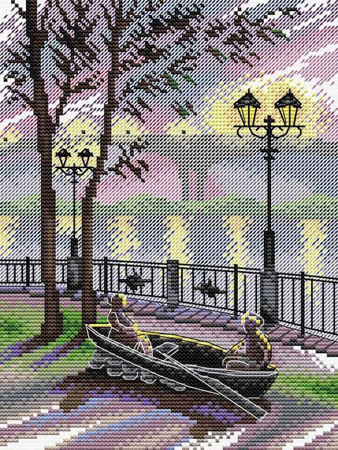 Kryželių rinkinys: romantiškas upės pakrantės peizažas su valtimi ir dviem figūromis, pasteliniai tonai, 40×60 cm