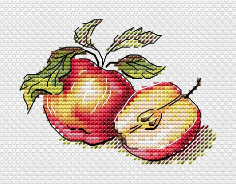 Siuvinėjimo rinkinys su kryželių raštu: du raudoni obuoliai, vienas perpjautas, spalvota schema, 20×15 cm