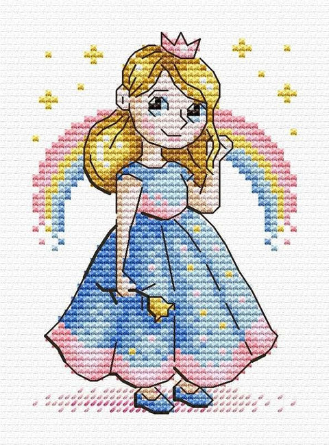 Siuvinėjimo raštas: princesė mėlyno‑rožinės suknelės su aukso karūna ir vaivorykšte fone, detalus 25×20 cm variantas
