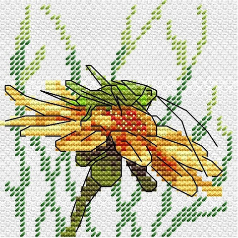 kryželių rinkinys su geltonu žiedu ir žaliu vabzdžiu, parodomas siuvinėtas pavyzdys iš arti (25×25 cm)
