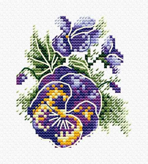 Kryželių siuvinėjimo rinkinys su violetinėmis ir geltonomis violėmis, 20×25 cm motyvo fragmentas