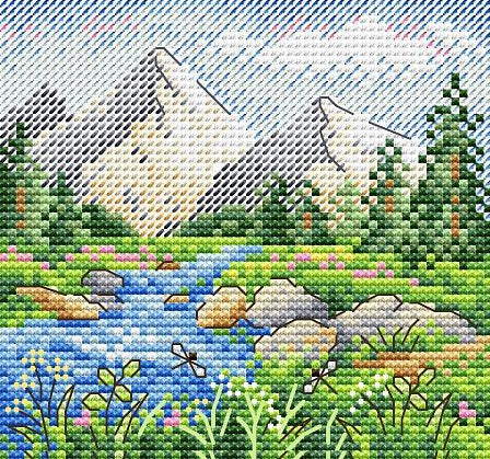 Siuvinėjimo rinkinys peizažas 30×30 cm, spalvota kalnų upė su pušimis, gėlėmis ir akmenimis, paruoštas rėminimui
