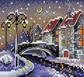 Diamond painting rinkinys žiemiškas miestelio vaizdas su tiltu ir žibintais, kvadratinių kristalų mozaika