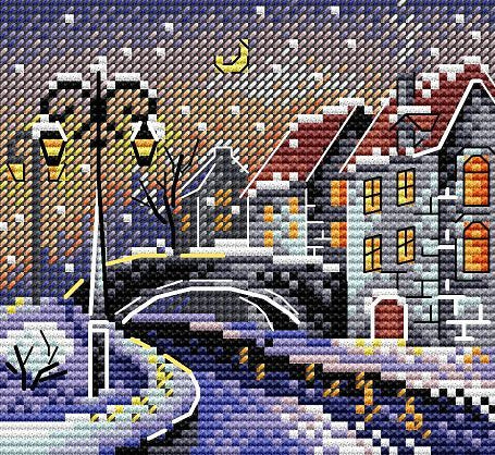Diamond painting rinkinys žiemiškas miestelio vaizdas su tiltu ir žibintais, kvadratinių kristalų mozaika