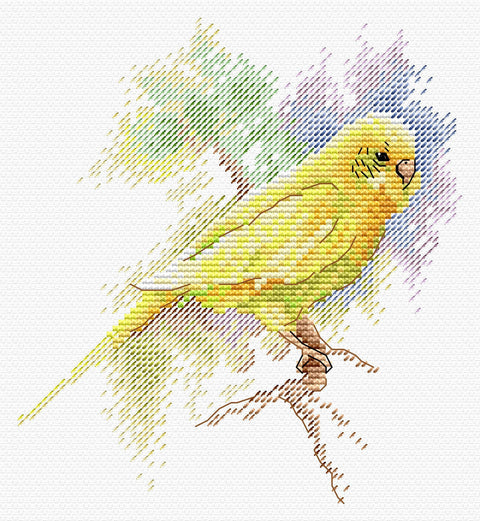 Siuvinėjimo rinkinys geltonos papūgėlės ant šakos, kryželių akvarelinis efektas su smulkiais kontūrais, 20×20 cm