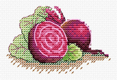 Siuvinėtas burokėlių ornamentas rožiniais ir vyšniniais siūlais, 25×18 cm dydžio, skirtas virtuvės dekorui arba rankdarbių dovanai