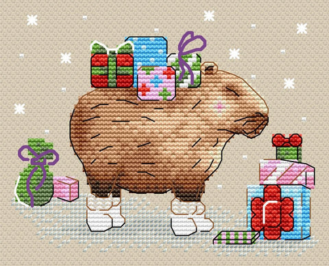 Kapibara siuvinėta dekoracija ruda, 30×20 cm, priekis su spalvotomis dovanomis ant nugaros ir sniego raštu fone