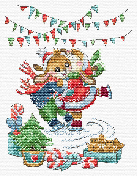 kryželių rinkinys su Kalėdiniais čiuožiančiais kiškučiais, ryškūs raudoni ir žali siūlai, vėliavėlės ir saldainiai, skirtas 18×24 cm audiniui