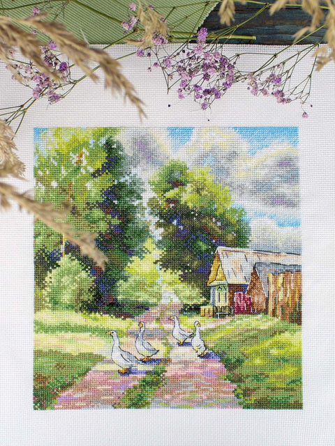 Kryželiu siuvinėjimo rinkinys „Miško kelias“ 22x20 cm gamtos peizažas