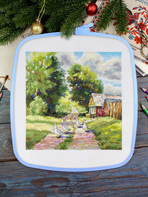 Kryželiu siuvinėjimo rinkinys „Miško kelias“ 22x20 cm gamtos peizažas