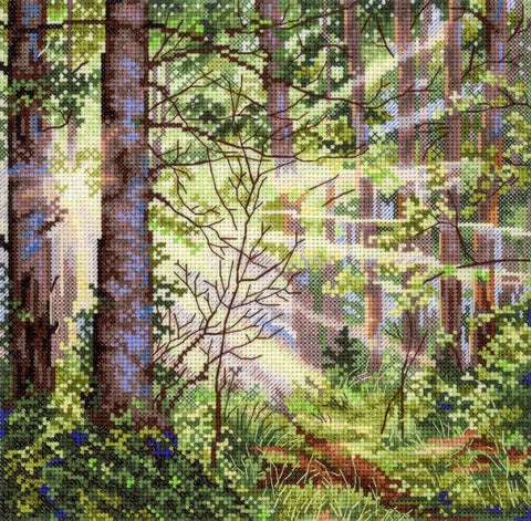 Siuvinėjimo kryželiu rinkinys „Saulėtas miškas“, 20x20 cm peizažas