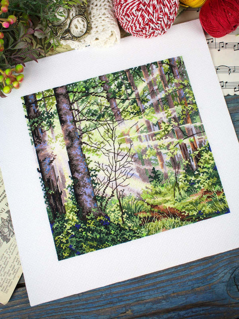 Siuvinėjimo kryželiu rinkinys „Saulėtas miškas“, 20x20 cm peizažas