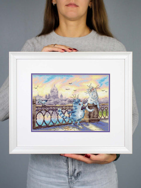 Kryželiu siuvinėjimo rinkinys „Prie upės“ 25x20, katės ir miestas