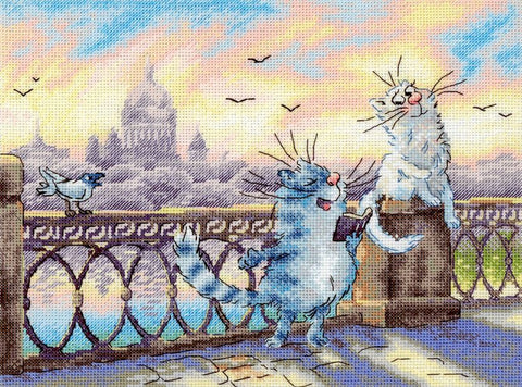Kryželiu siuvinėjimo rinkinys „Prie upės“ 25x20, katės ir miestas