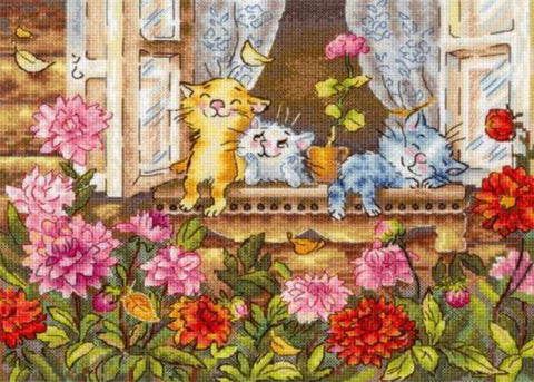 Kryželiu siuvinėjimo rinkinys „Nerūpinga vaikystė“, katės, 19x25 cm