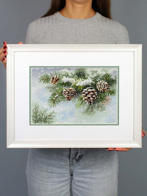 Siuvinėjimo kryželiu rinkinys „Apsnigta šaka“ 18×26 cm