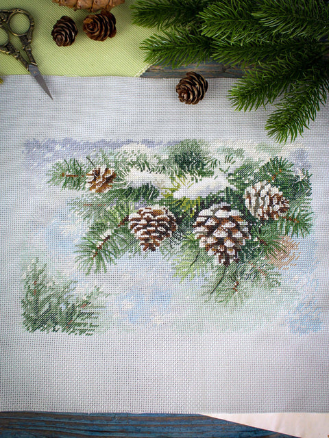 Siuvinėjimo kryželiu rinkinys „Apsnigta šaka“ 18×26 cm