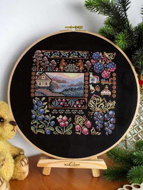 Kryželių siuvinėjimo rinkinys „Kaimo aušra“ 19×19 cm, 24 spalvos, 16 ct kanva