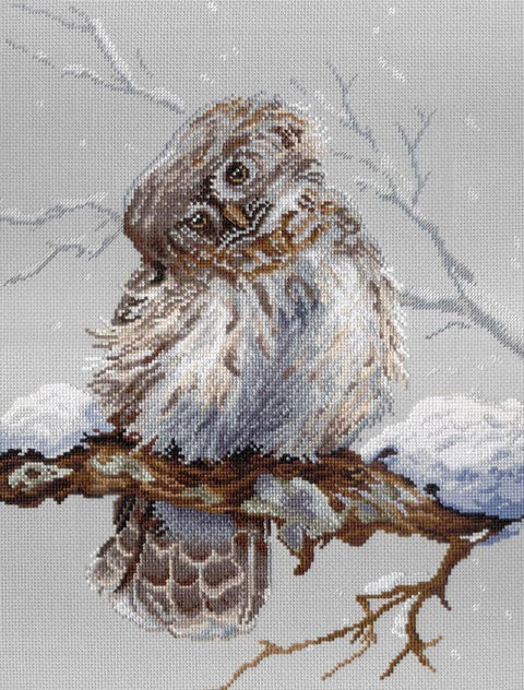 Kryželiu siuvinėjimo rinkinys – snieguotos pelėdos dizainas, 30×40 cm, šiltų pilkų ir rudos paletė, arti detalės rodymas