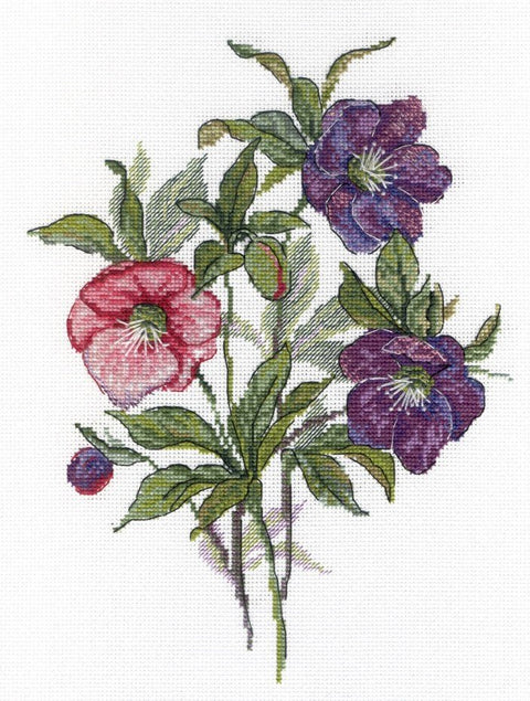 kryželiu siuvinėjimo raštas: rožinės ir violetinės helėboro gėlės su žaliais lapais, vertikali kompozicija