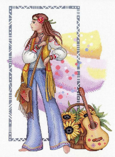 Kryželių rinkinys bohemiška mergina su gitara ir saulėgrąžomis, pilnas spalvotas dizainas ant drobės, 30×40 cm