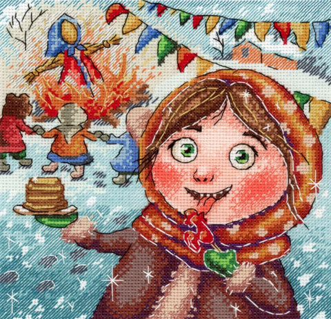 siuvinėjimo rinkinys kryželiu su žiemiška šventės scena — šypsanti mergaitė, blynai ant lėkštės ir laužas, 30×30 cm