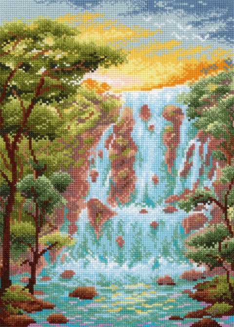 Siuvinėjimo rinkinys vandens krioklio motyvu, ryškių mėlynų ir žalių siūlų paletė, 40×50 cm dydžio variantas