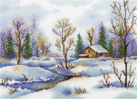 siuvinėjimo rinkinys žiemos peizažas: pilkšvai melsva trobelė prie upelio tarp eglų, skirtas 35×25 cm drobei