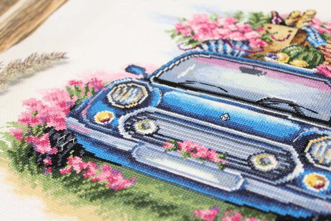 Kryželių rinkinys – itin detalus mėlyno retro automobilio priekinės dalies siuvinėjimas su rožiniais žiedais, arti fotografuotas