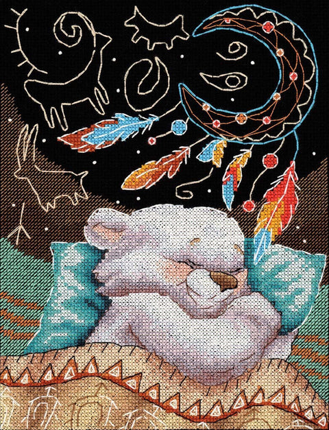 kryželių rinkinys su miegančiu baltu lokiuku, žydra pagalvė ir mėnulio sapnų gaudyklė, 30×40 cm