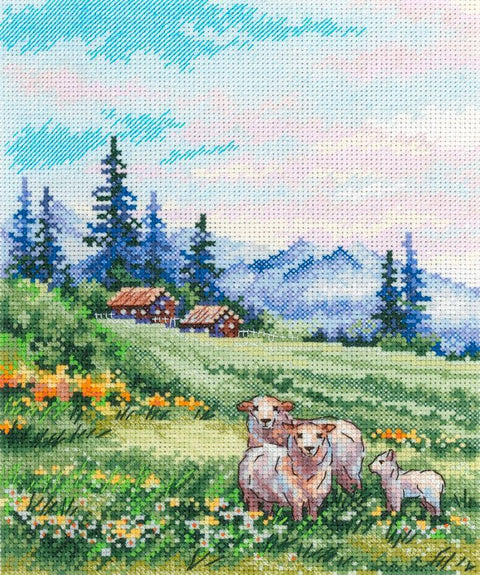 Kryželių siuvinėjimo rinkinys „Alpinės pievos“ 20x16 cm SNV-935