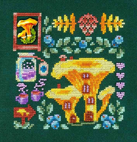 Kryželių siuvinėjimo rinkinys: geltoni grybai ant tamsiai žalsvo fono, detali ornamentika ir mažos gėlės