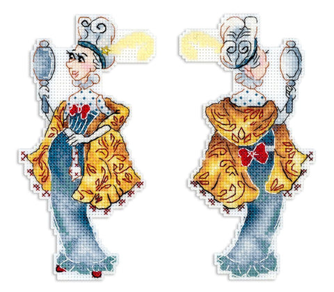 kryželiu siuvinėta dekoracija: elegantiška poniutė mėlyna suknele ir geltonu šaliu, parodyta priekis ir galas