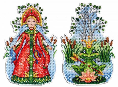 kryželių siuvinėjimo rinkinys, dvi išpjautos figūros — raudona princesė (apie 20 cm) ir žalias varlės karalius, ryškios spalvos