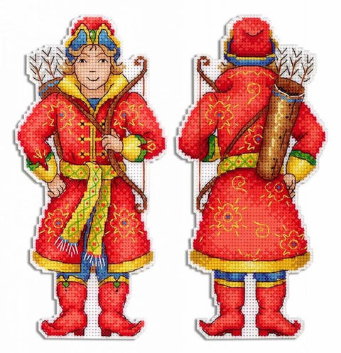 Siuvinėta medžiotojo dekoracija, raudonas ornamentuotas paltas ir žalias diržas; parodytos priekinė ir nugarinė pusės
